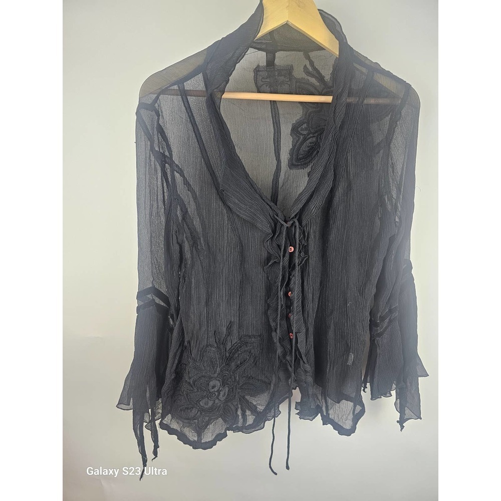 Women's gauzy black, sheer, waterfall ruffle button front, szM